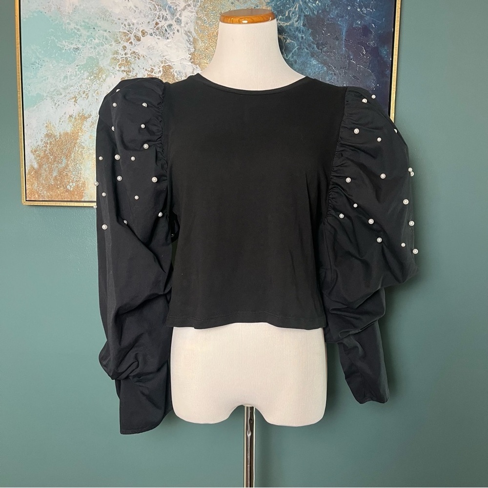 Zara Pearl-Embellished Puff Sleeve Top - Picture 2 of 7
